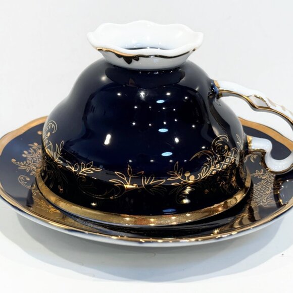 Lomonosov "Echt Cobalt" Teacup and Saucer, Cobalt Blue with Fancy Gold Designs - Picture 4 of 9